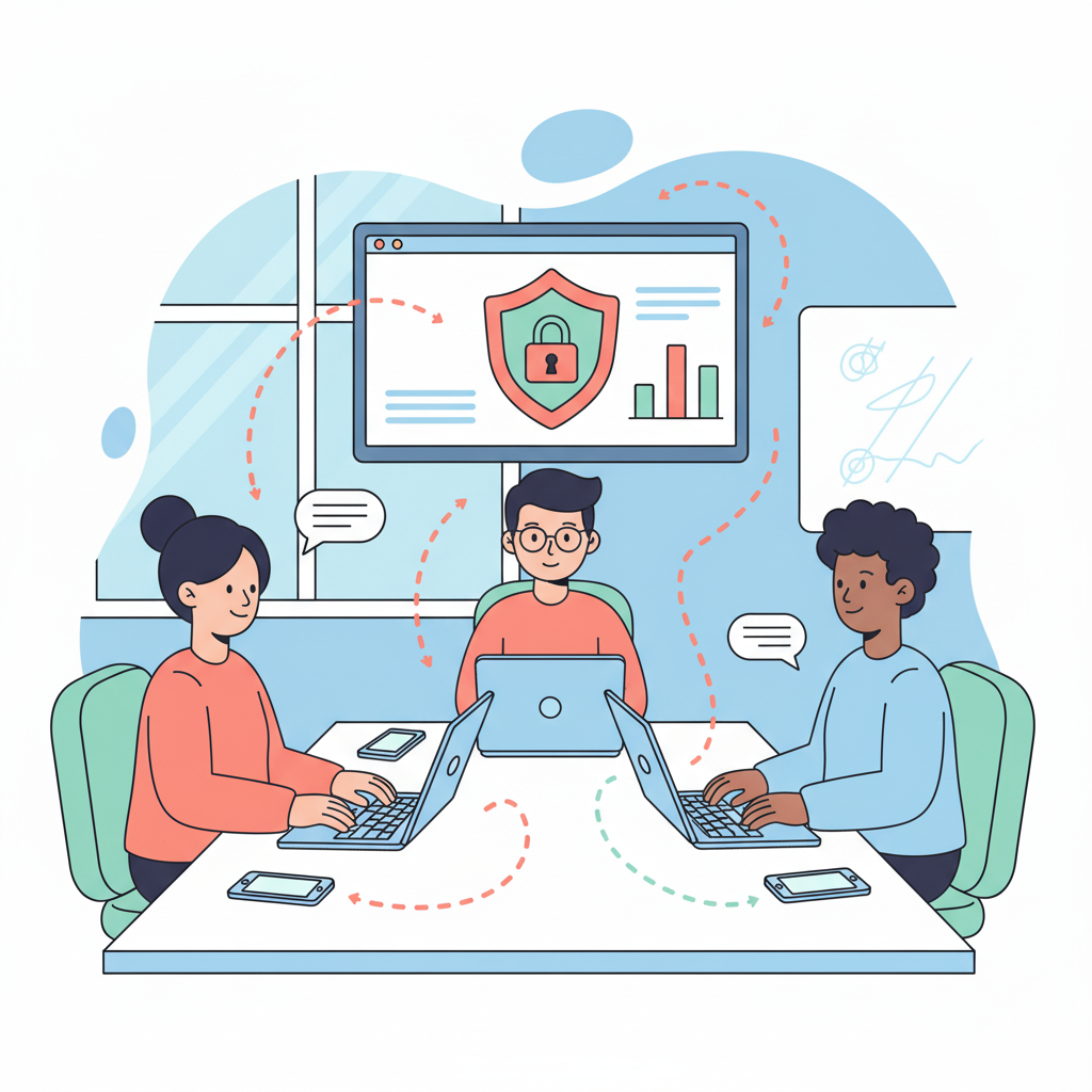 Three people collaborating in a conference room